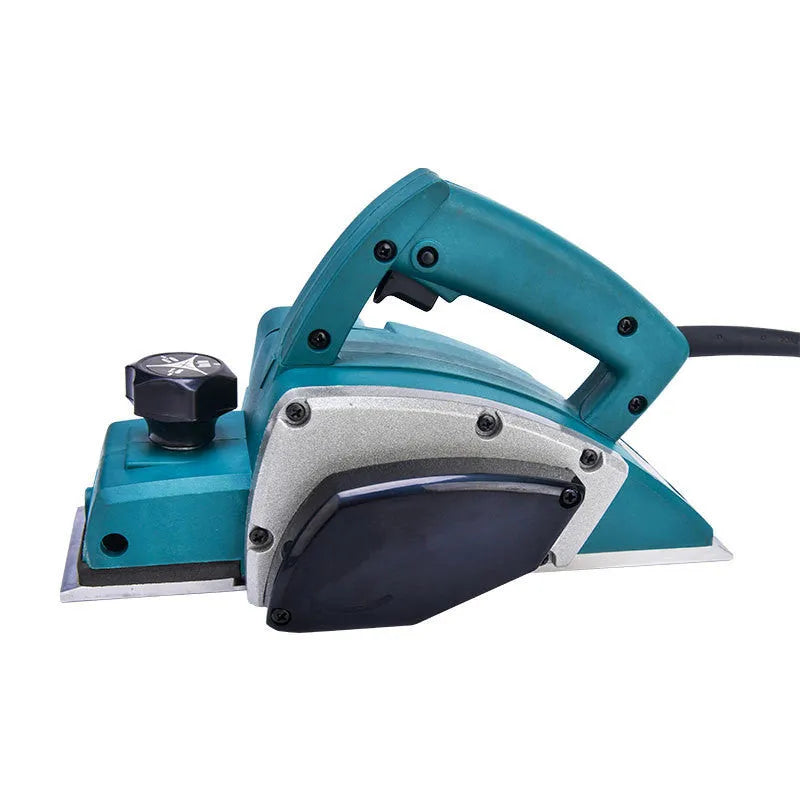Red household desktop electric push planer tool with aluminium shell for woodworking.