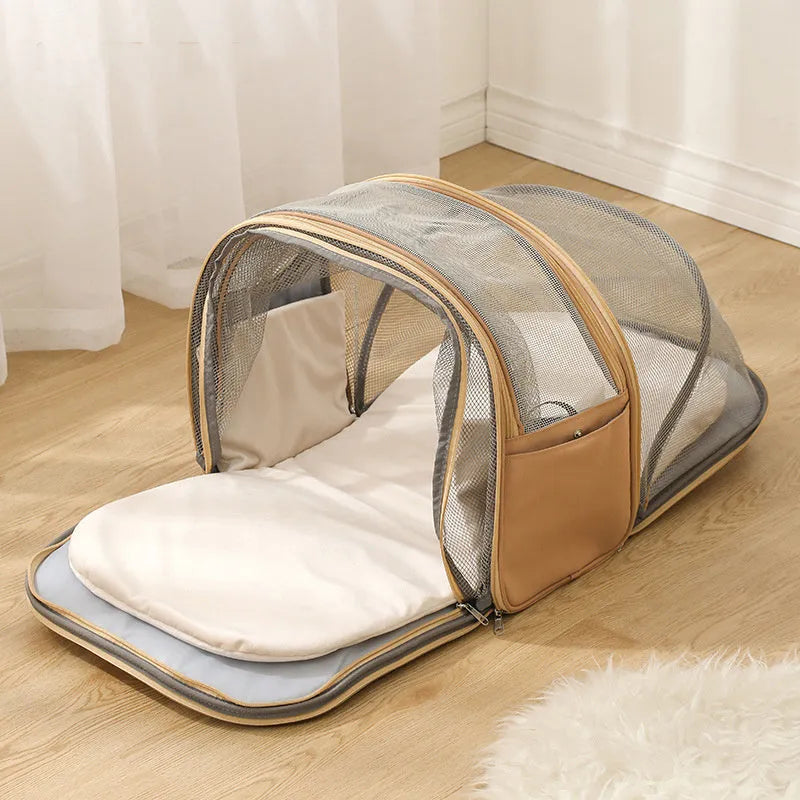 Foldable pull-rod pet backpack in nylon, 50-60L capacity, medium hard shell, shown in grey, pink, or khaki