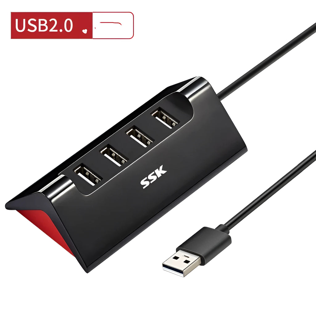 Black USB expansion hub with four ports and a Micro USB power connector.