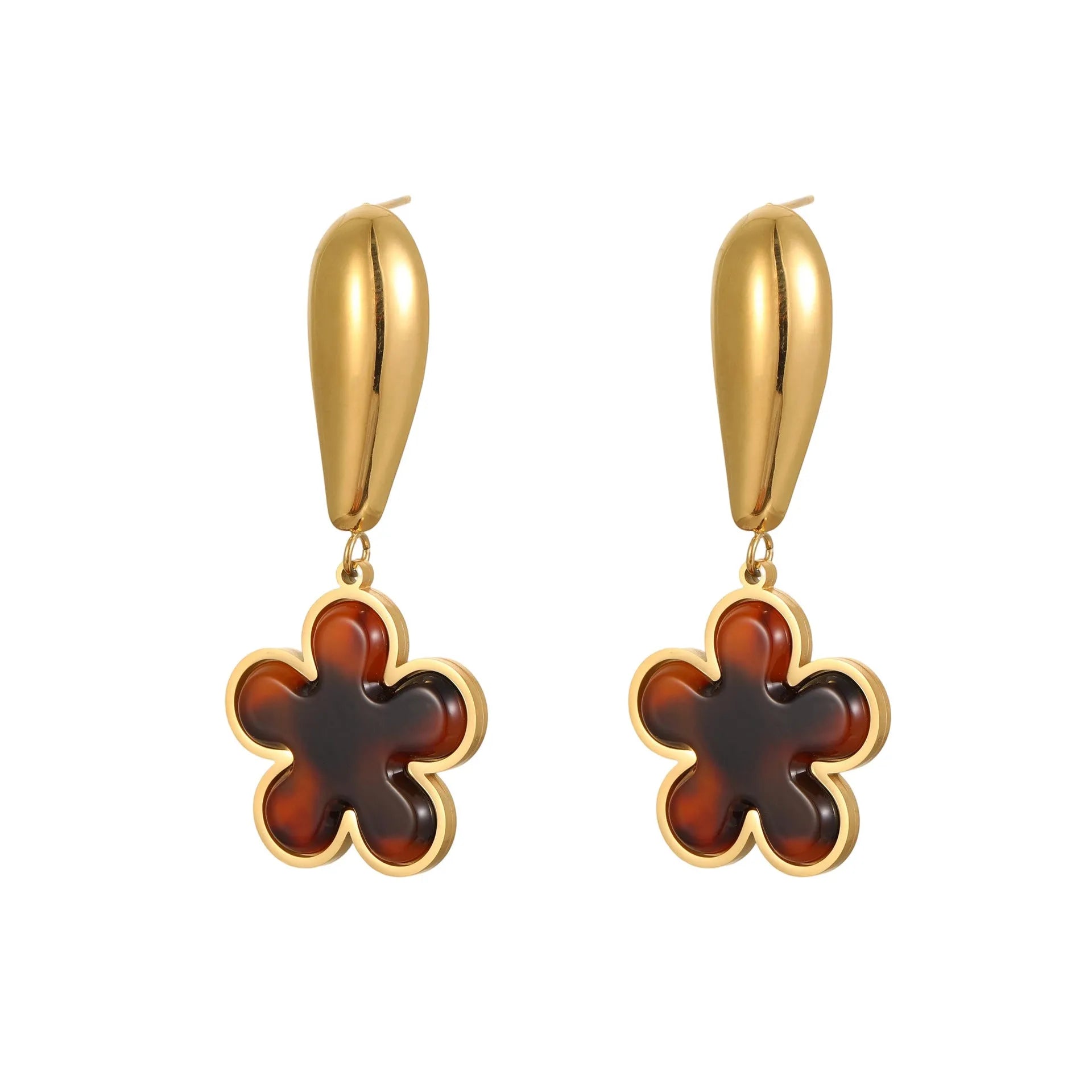 Tortoiseshell resin hawksbill colour 18K stainless steel geometric earrings in heart or flower designs