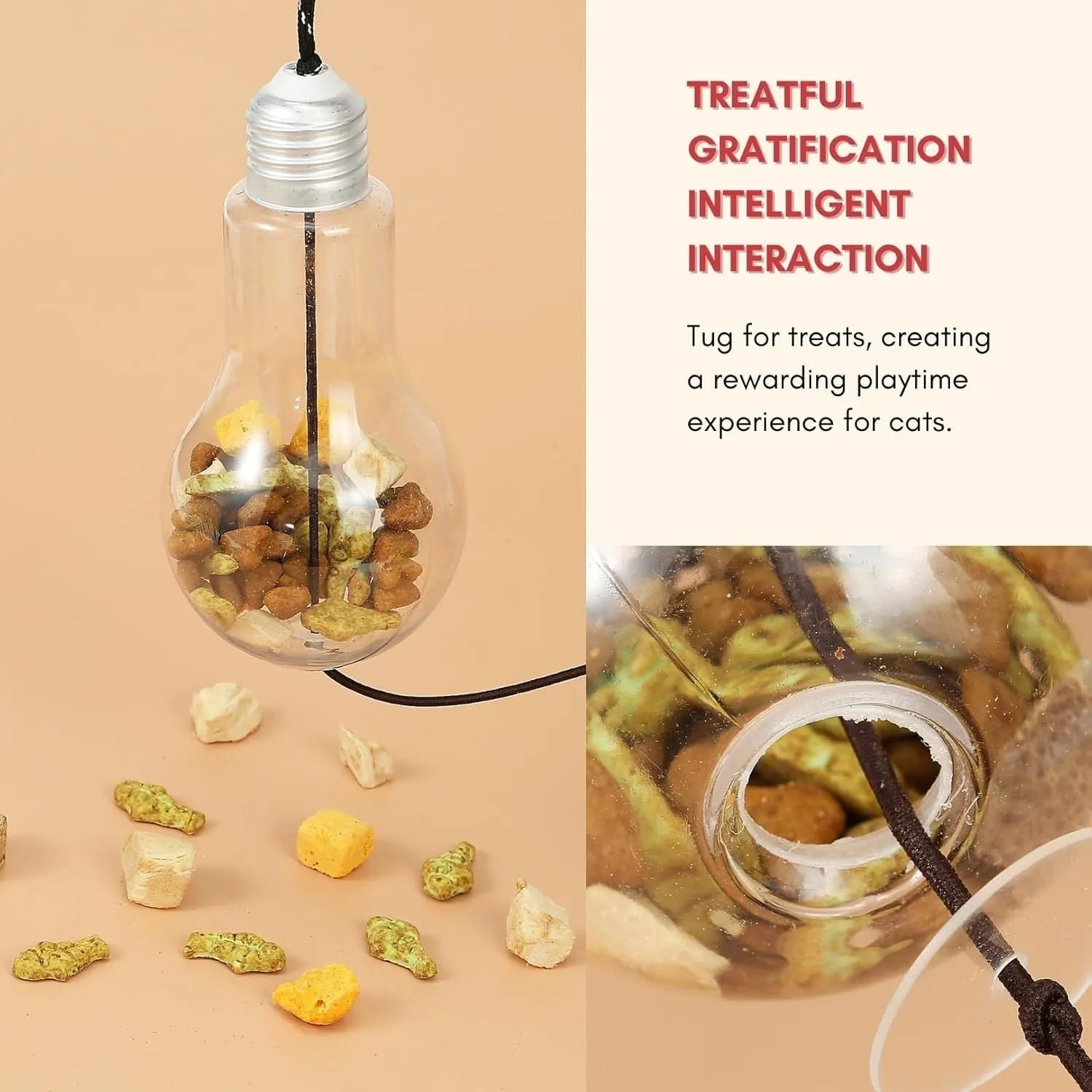 Grey and yellow retractable hanging cat toy with treat dispenser and dangling mouse attachment