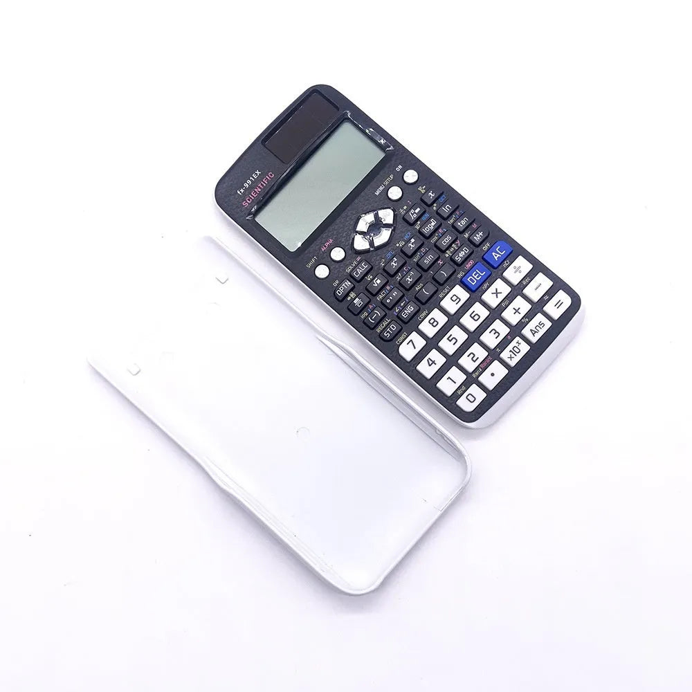 CASIO FX-991EX scientific calculator in black, blue, or pink with solar panel and display.