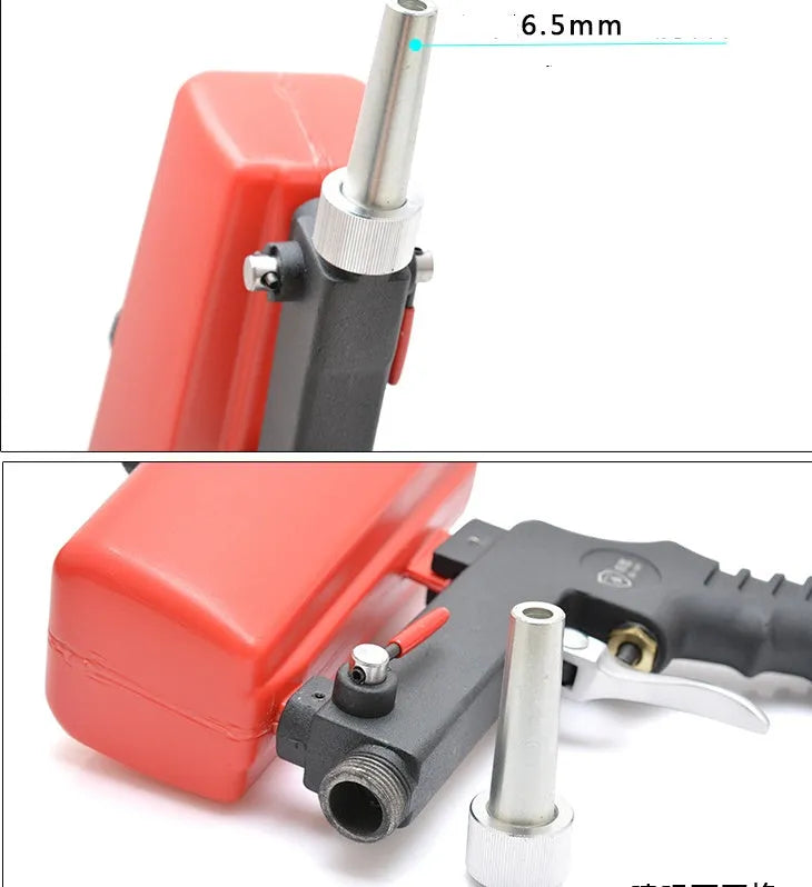 Portable black gravity-feed pneumatic sandblasting gun with 21lb tank.