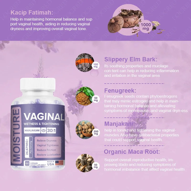 Bottle containing 60 vaginal capsules for adult intimate care with extracted formula