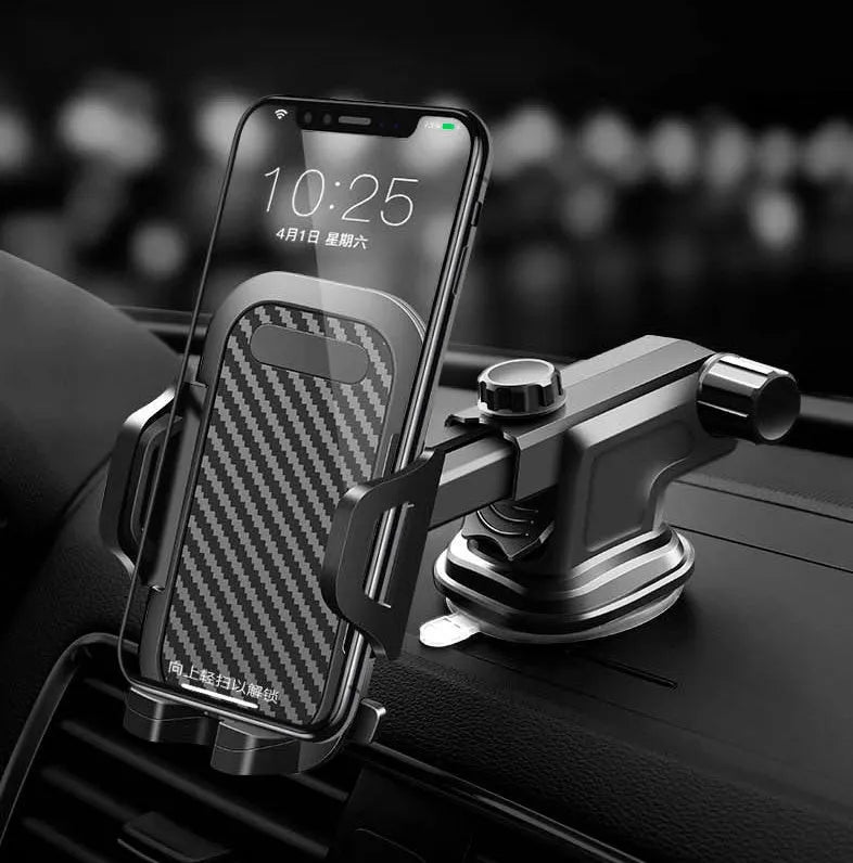 Black universal car phone holder with adjustable arms for 4 to 7 inch smartphones.