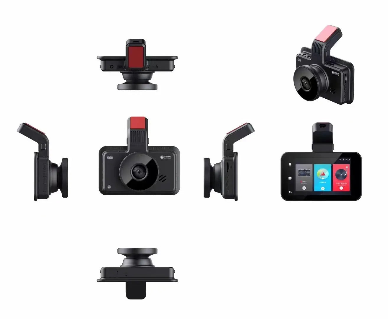 3-inch HD car dashboard camera DVR unit with separate rear camera and step-down cable for installation.