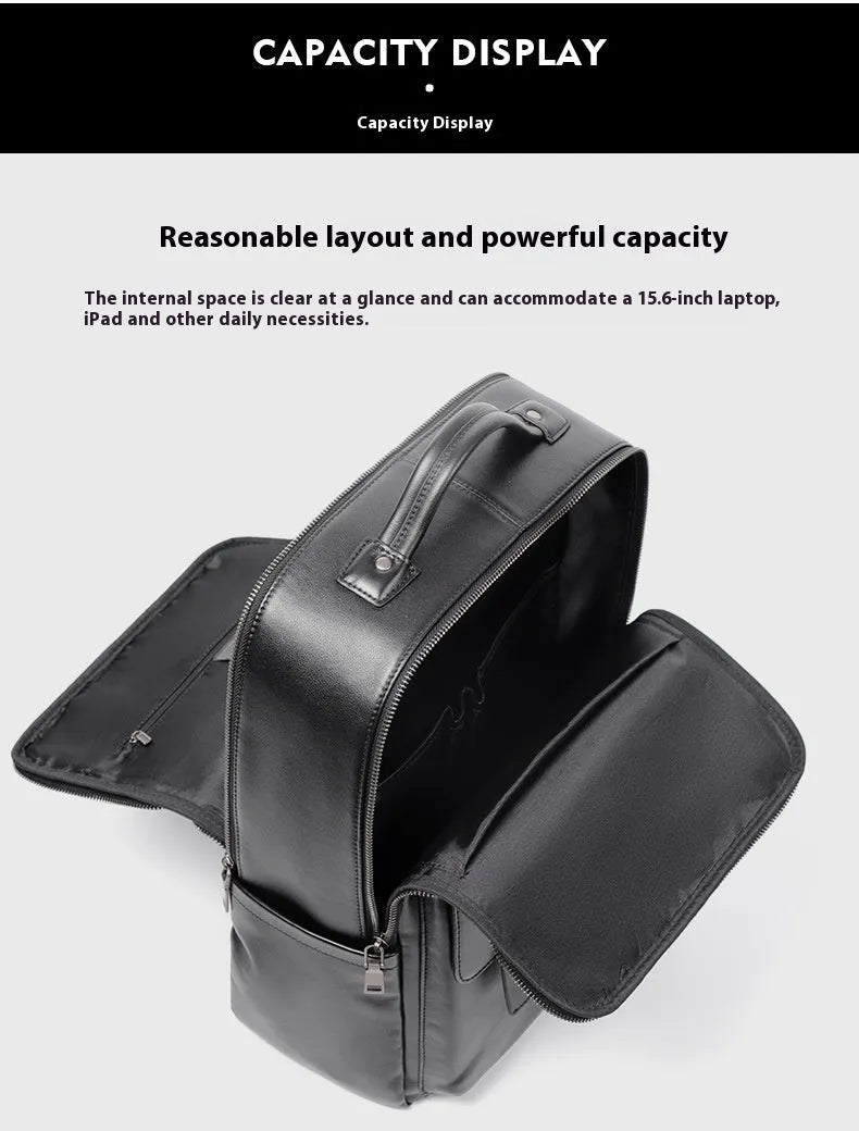 Men's black genuine leather computer backpack with curved back plate showing litchi grain texture and substantial 36-55L capacity.