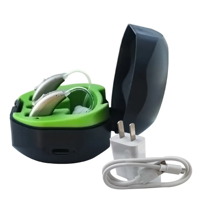 Wireless invisible hearing aid with USB charging case showing blue and green indicator lights