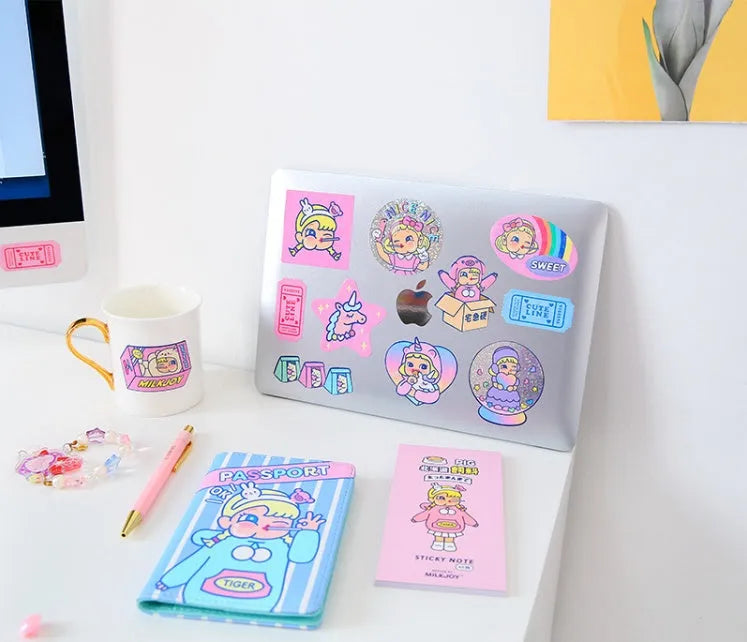 Cute cartoon girl sticker set with 16 square PVC stickers and a storage box, Korean ins style for DIY decoration