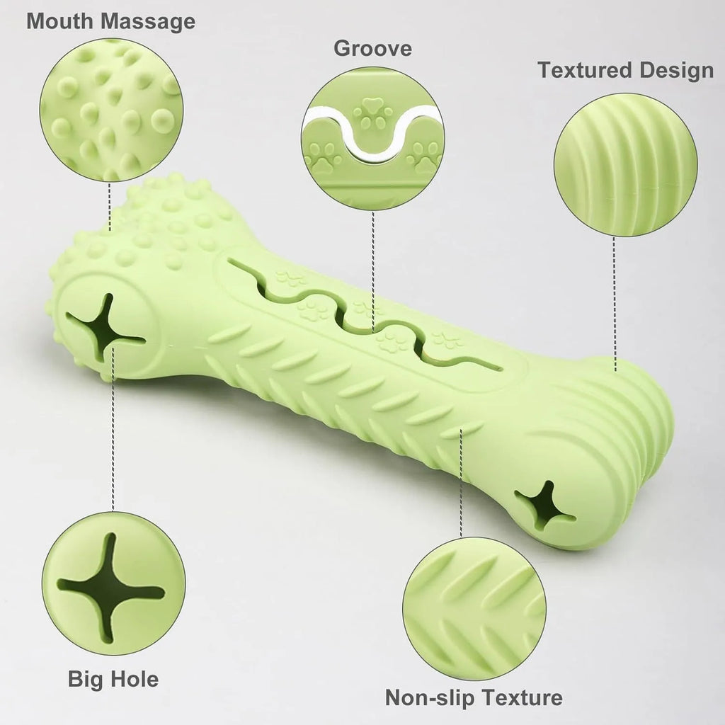Blue natural rubber bone-shaped dog chew toy with textured surface for teeth cleaning