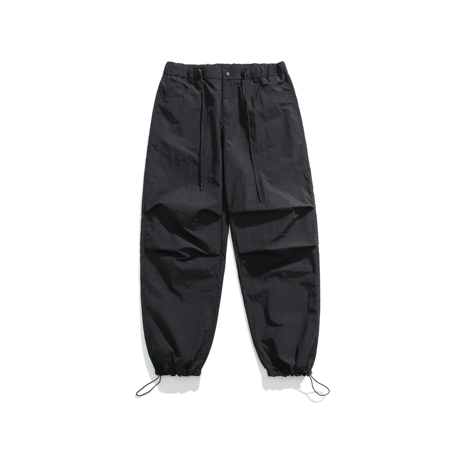Men's straight-leg casual trousers in lightweight nylon fabric, shown in multiple colour options.
