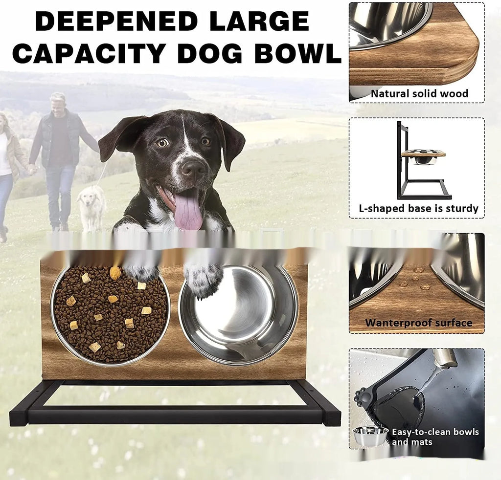Large raised dog bowl stand with two bowls, iron frame, 42x30x40cm, 5-inch, 9-inch and 13-inch heights