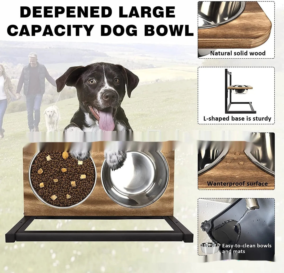 Large raised dog bowl stand with two bowls, iron frame, 42x30x40cm, 5-inch, 9-inch and 13-inch heights