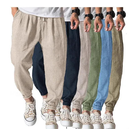 Men's casual cotton summer pants with elastic waistband and banded ankle cuffs in various colours