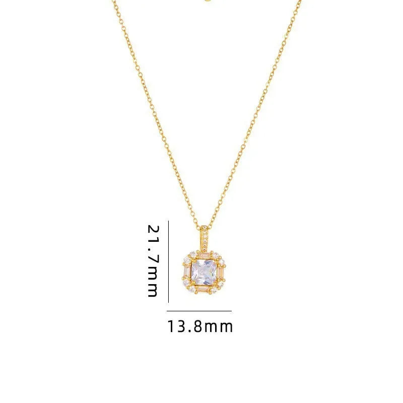 Women's titanium steel clavicle chain with quadrilateral geometric pendant featuring mixed gem inlaid detailing on water wave chain