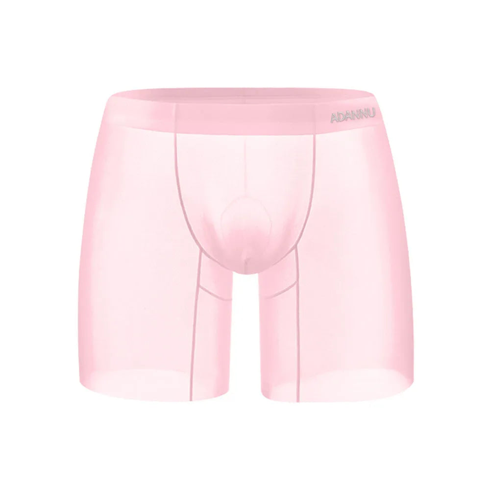 Seamless low-waist men's nylon boxers in orange, shown flat, highlighting the convex seam and sports design.