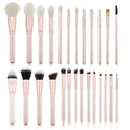26 pink makeup brushes with wool bristles and wooden handles in storage bag
