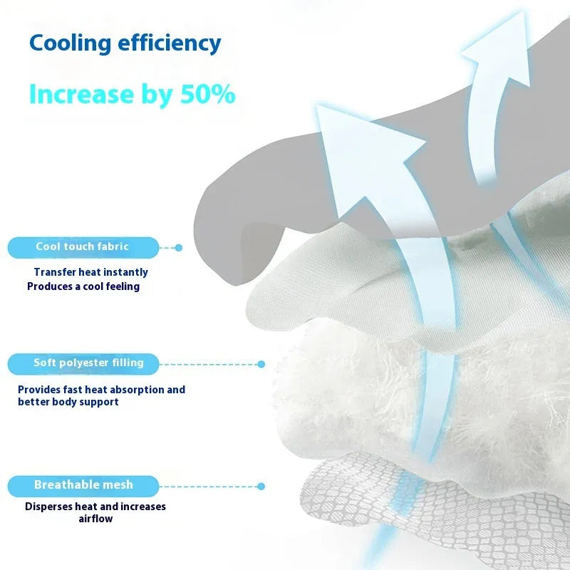 Light grey dog head shaped ice silk cooling mat for pets on a wooden floor