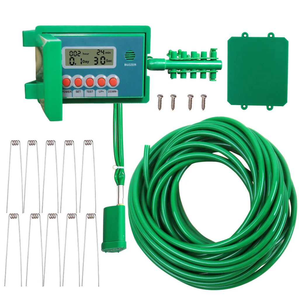 Green automatic micro drip irrigation kit with smart controller, 10m vinyl tube and 10 steel pegs