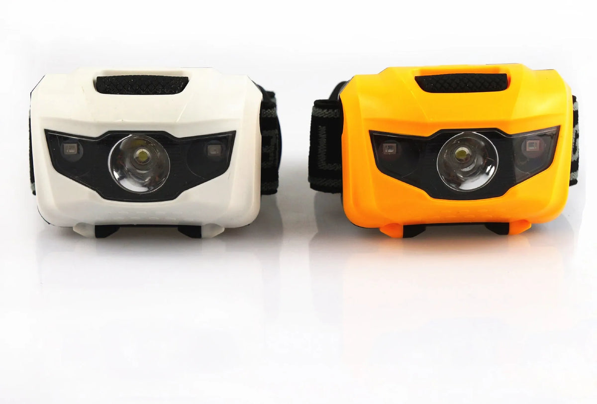Cat Eye 2nd generation head torch in black, orange, purple, or white with LED lights.
