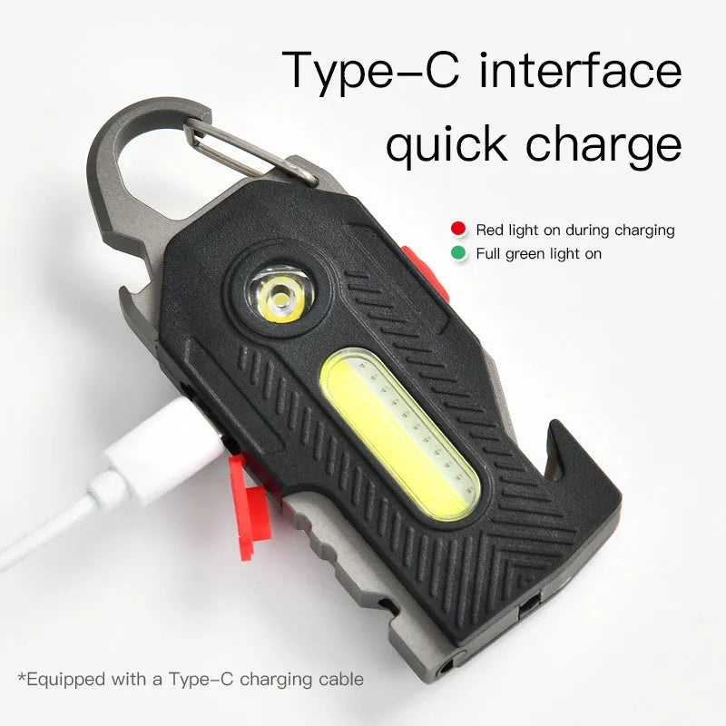 Multifunctional LED emergency work light with COB, 400LM, USB-C, keychain tools, 99x40x18mm