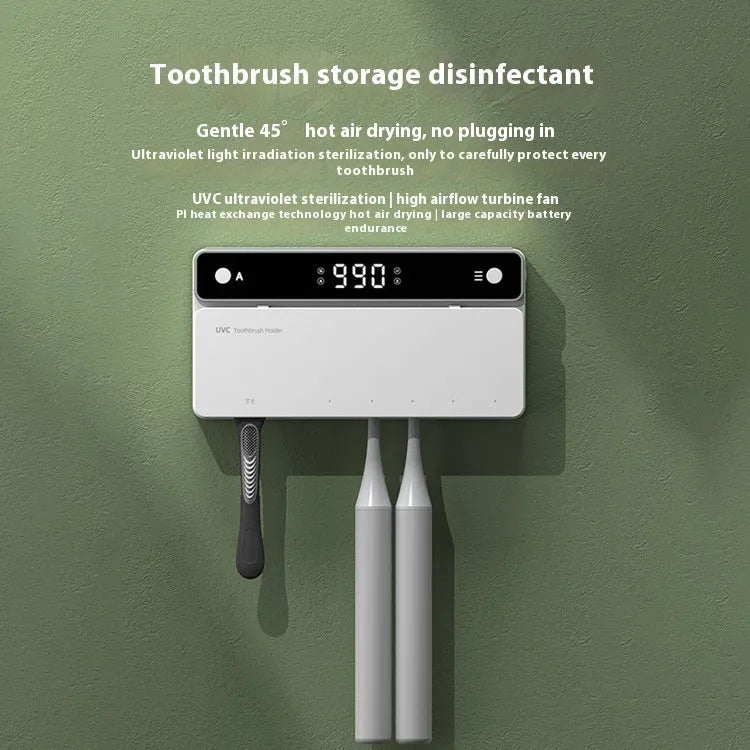 Black wall-mounted toothbrush sterilizer with UV disinfection, automatic drying, and drill-free 3M adhesive fitting