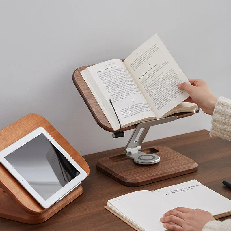 Solid wood adjustable reading rack in walnut colour holding a book at an angle.