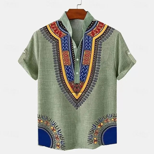 Men's loose fit striped casual shirt in polyester fabric showing personalised button detail