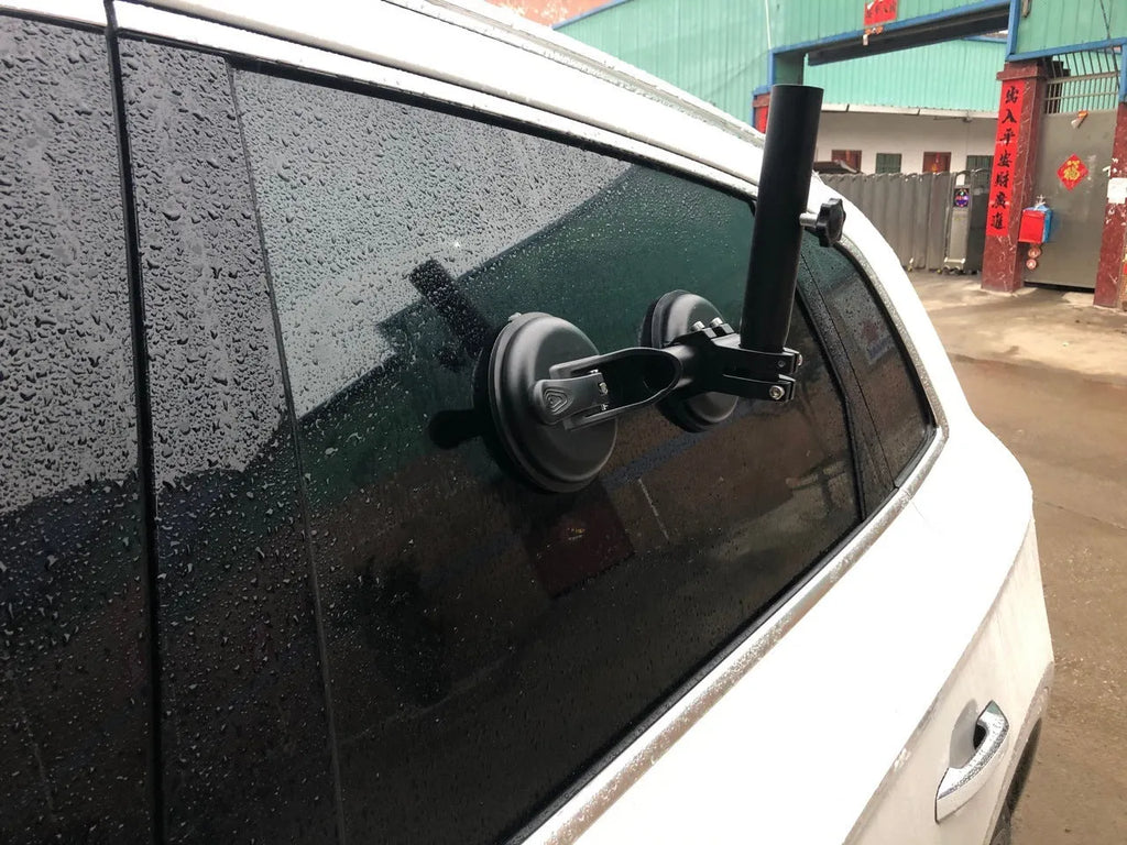 Black car suction cup flagpole base with rubber disc and ABS construction for vehicle window mounting