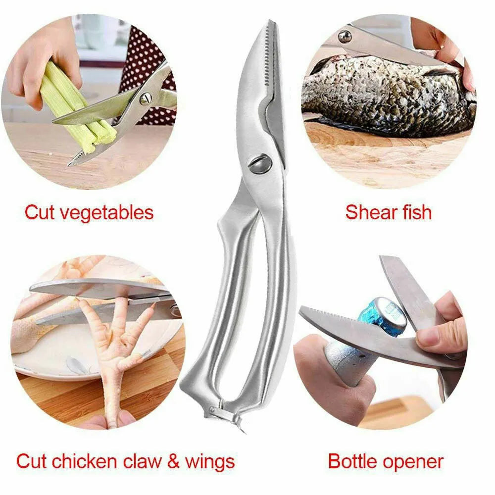 Silver whole stainless steel kitchen shears, 25cm x 4.5cm with 9cm blade, serrated edge and locking handle.