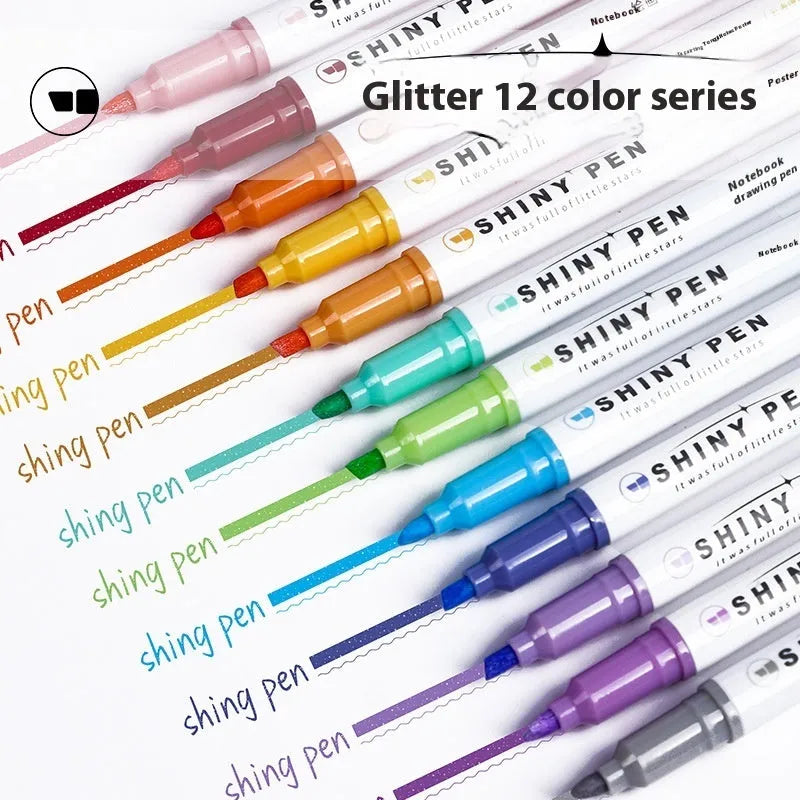 Four glitter fluorescent highlighter pens with slanted tips in six glitter ink colours