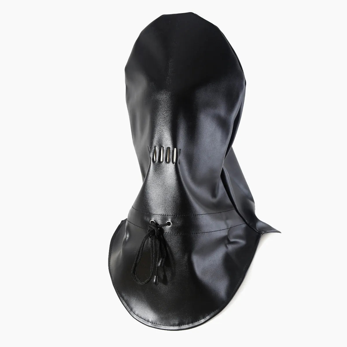 Black leather training mask with eye openings and adjustable strap