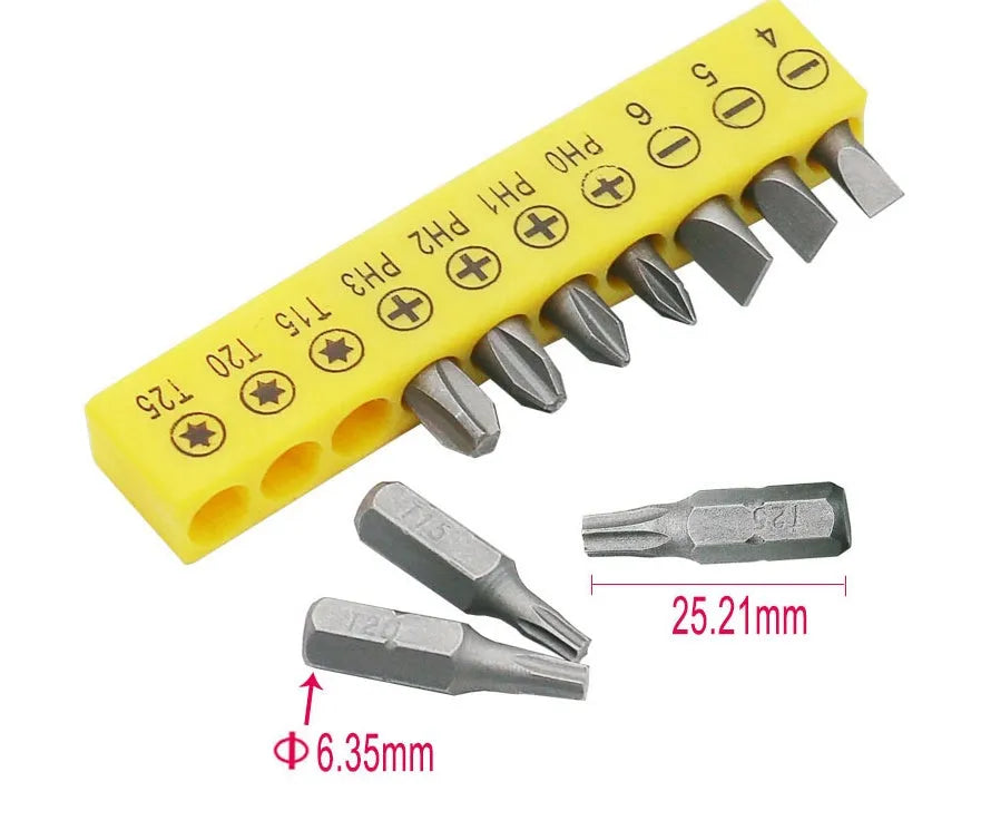 L-shaped double-headed socket wrench with 10 screwdriver bits for mechanical work