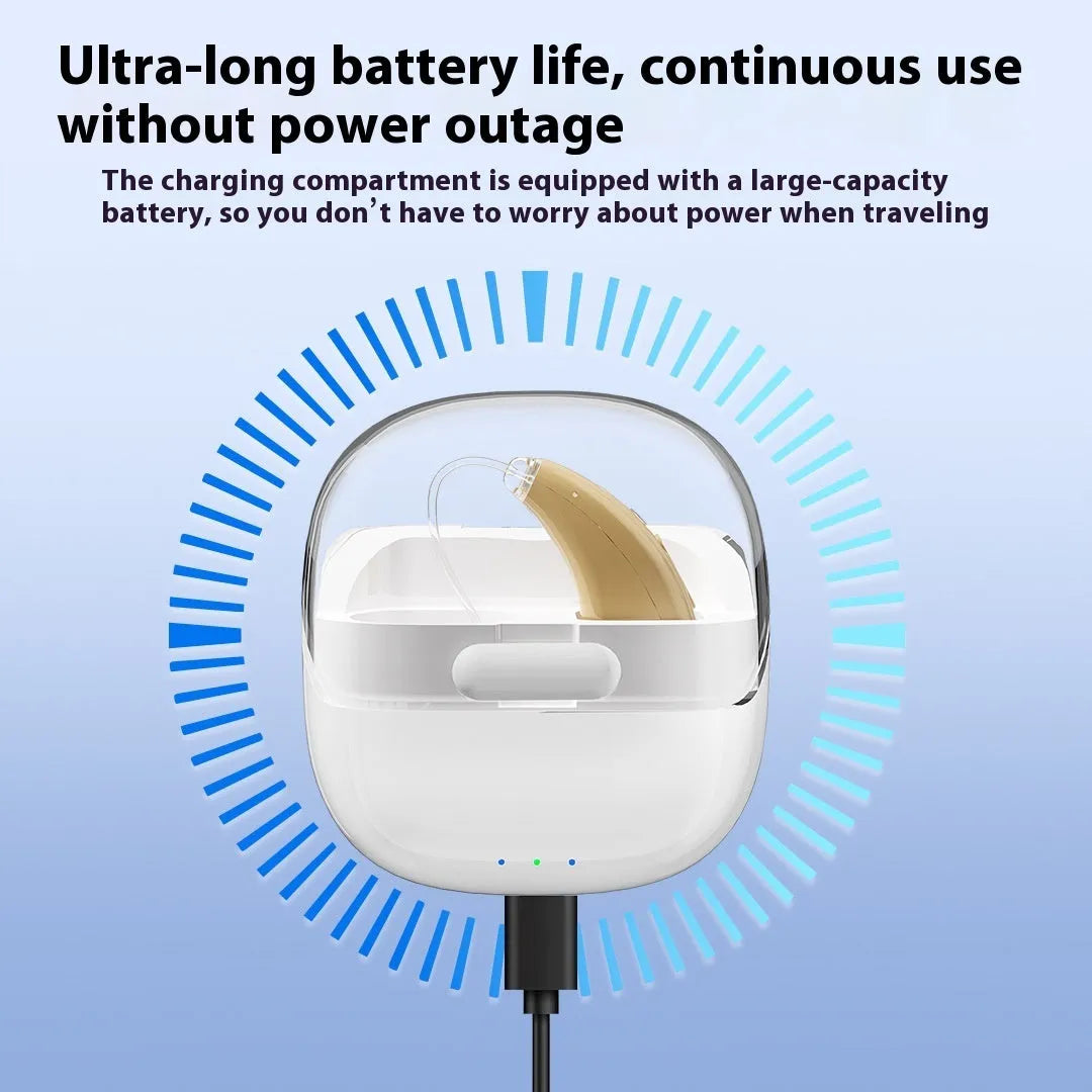 Skin colour digital hearing aid with noise reduction and Type-C charging, shown with warehouse case and cable.
