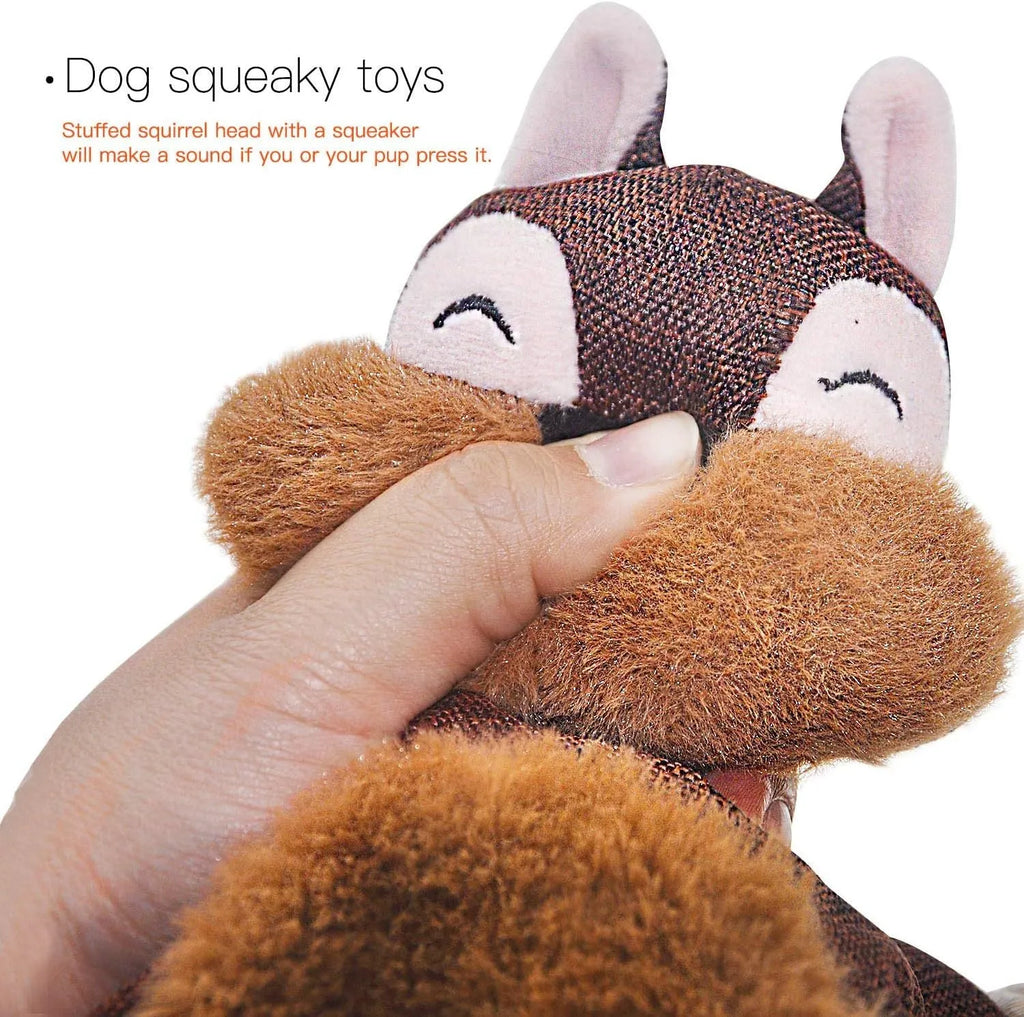 Brown plush fox dog toy with cotton rope limbs and embroidered eyes on a white background.