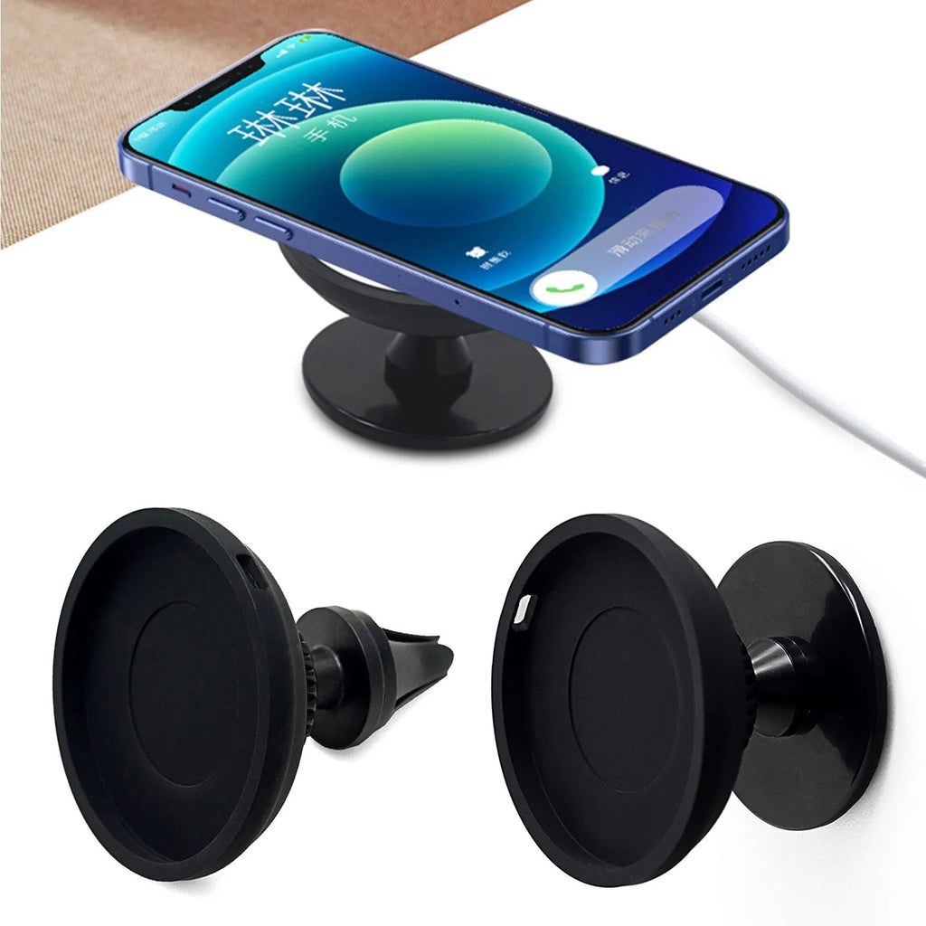 Black plastic magnetic car phone holder showing dashboard and air vent mounting options