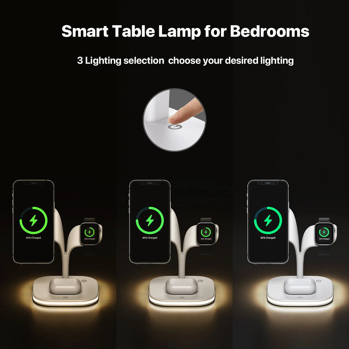 Black wireless charging desk stand showing phone, watch, and headphones charging simultaneously