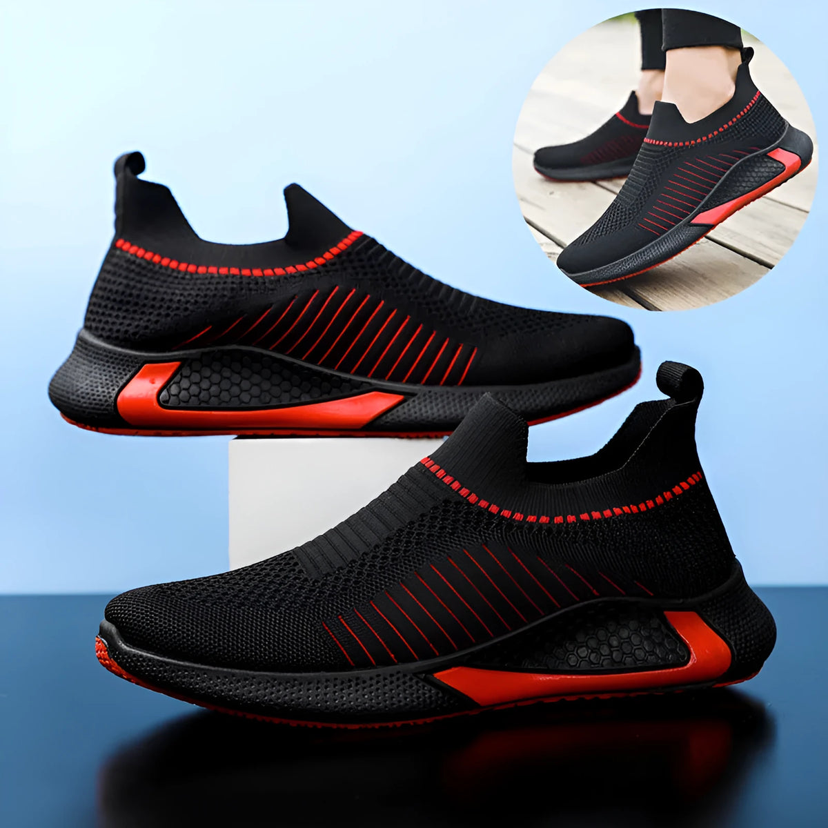 Men's mesh sneakers with striped design, flyknit upper, and plastic sole in various colour options