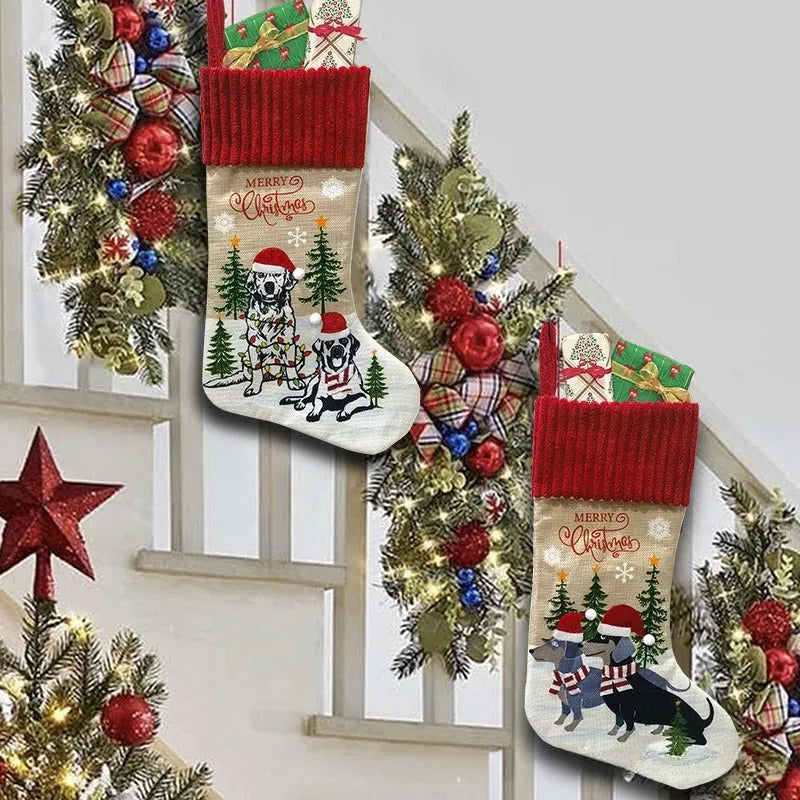 Cloth fabric Christmas stocking decoration with pendant charm measuring 46 by 28 centimetres