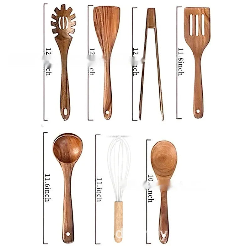 Wooden seven-piece kitchen utensil set with spoon and spatula in box