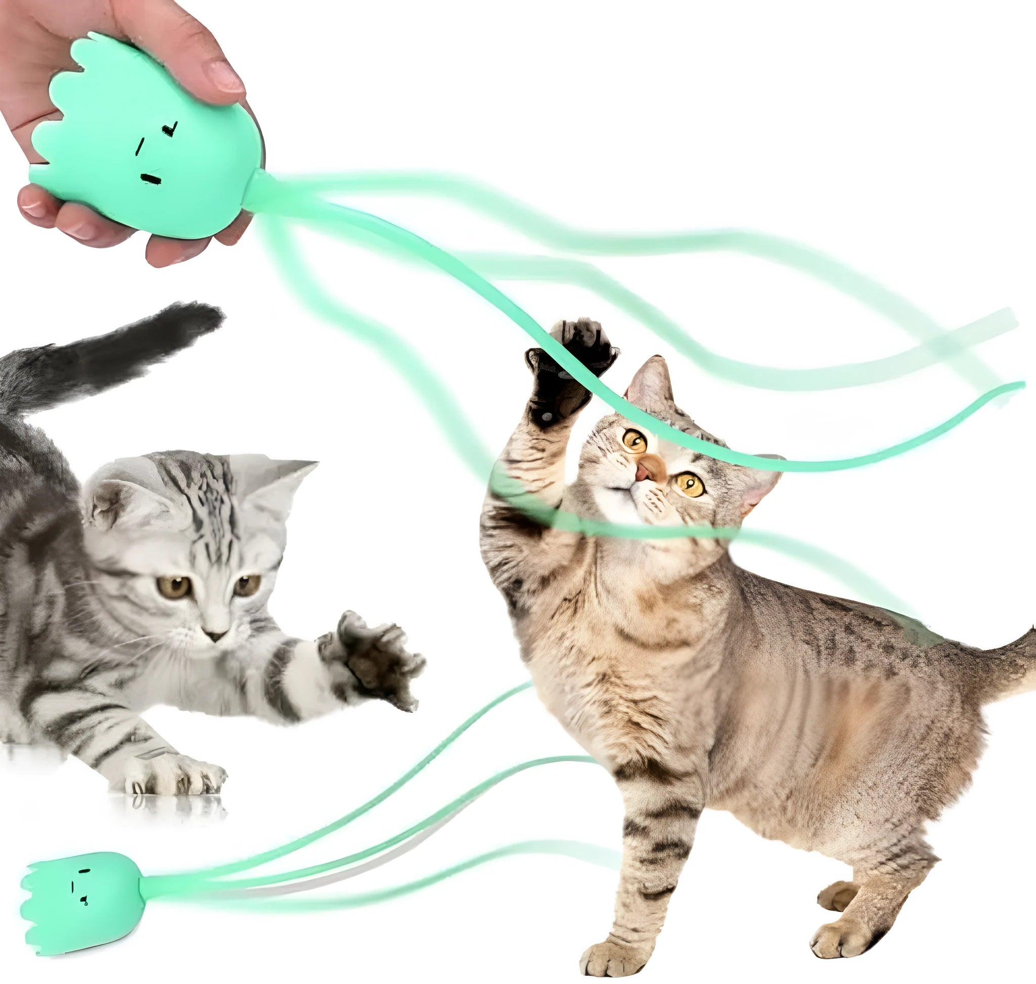 Green automatic electronic cat wand toy with swinging silicone tails on a table