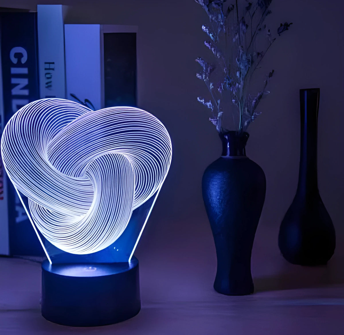 3D abstract acrylic LED night light with ABS base, USB cable, seven colours, and optional remote control