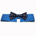 Denim dog collar with star pattern and attached bow accessory on adjustable fastener tape