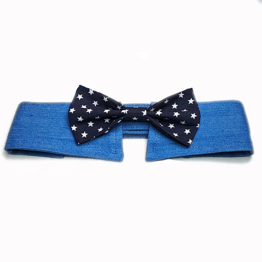 Denim dog collar with star pattern and attached bow accessory on adjustable fastener tape