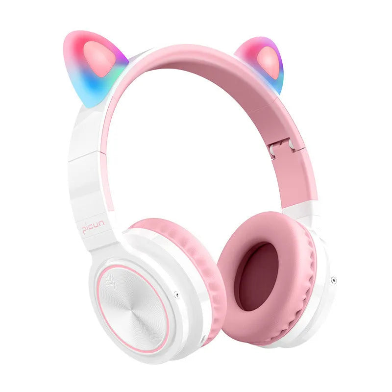 Pink and white luminous Bluetooth headset with LED lighting and over-ear design
