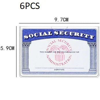 Transparent PVC waterproof cover for a social security card, showing dimensions of 9.7 by 5.9 centimetres.