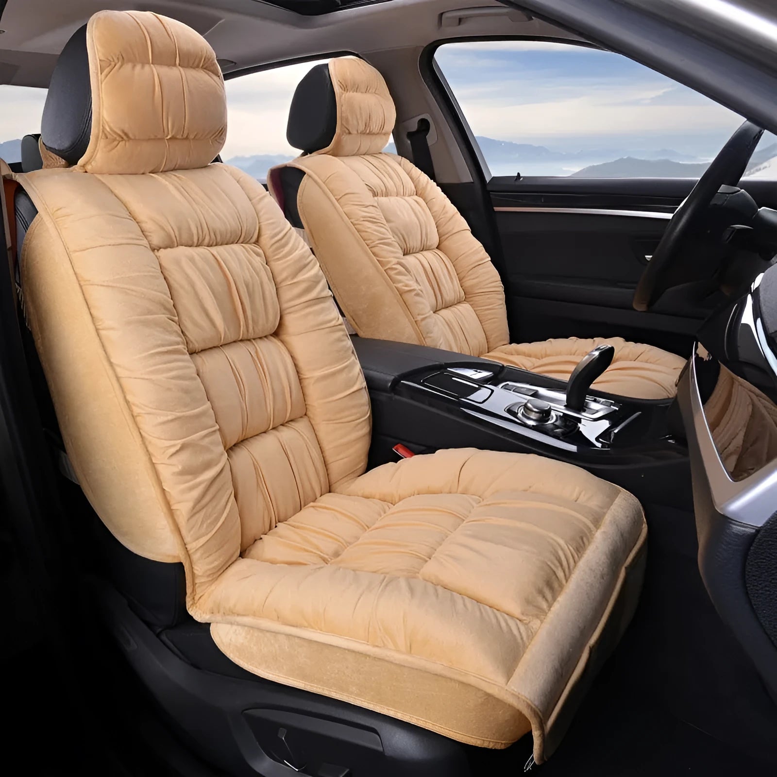 Plush winter car seat cushion shown in a grey set, with soft texture and fitting on a car seat.