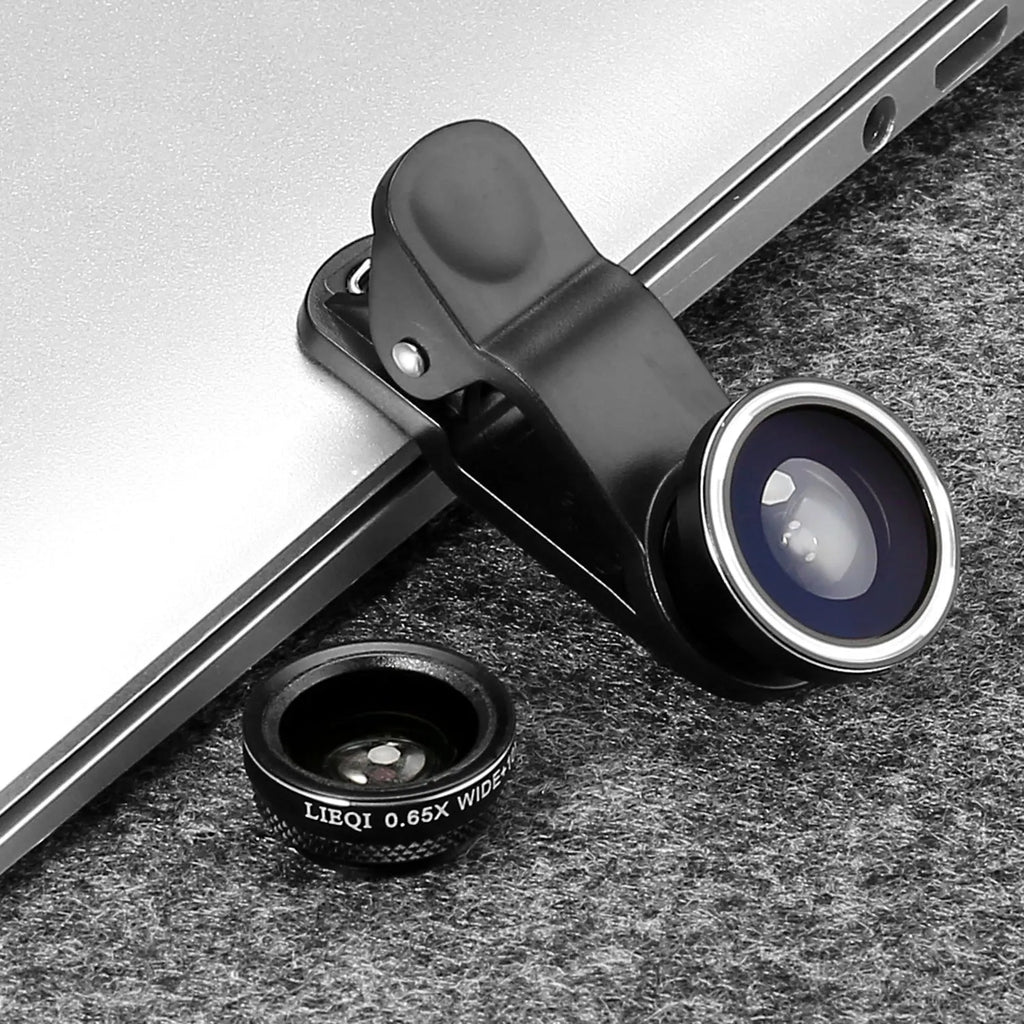 Mini camera lens clip attached to mobile phone with wide-angle, fisheye, and macro lenses