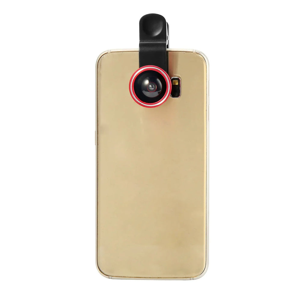 Mini camera lens clip attached to mobile phone with wide-angle, fisheye, and macro lenses
