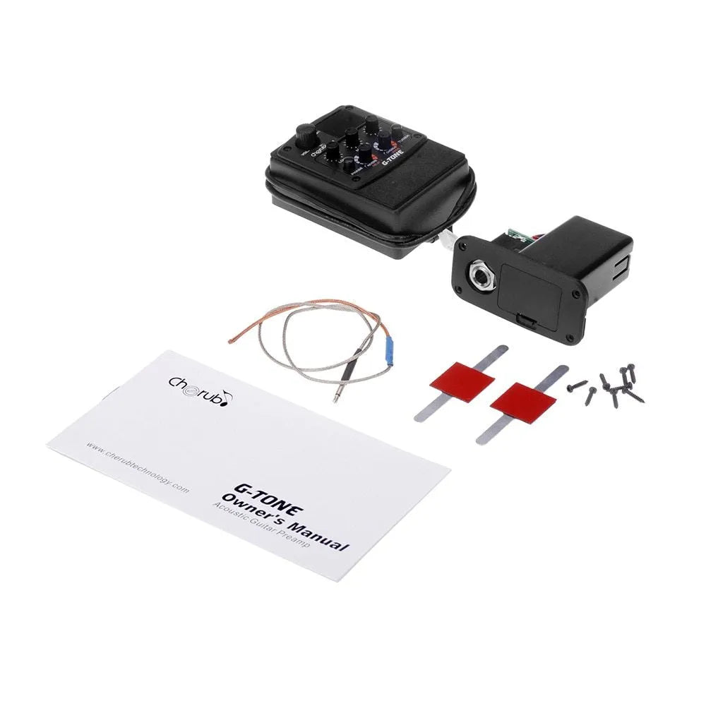 Black Cherub GT-6 acoustic guitar EQ pickup unit with control knobs for soundhole mounting.